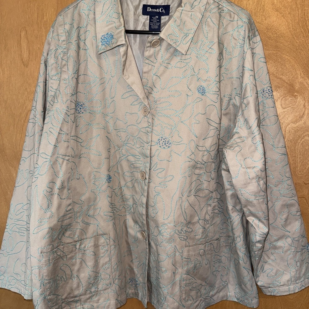Denim & Co Embroidered Beaded Jacket Gray Blue Size 2X